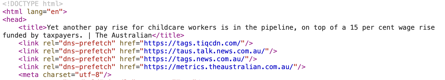 Screenshot of the sourcecode of a page from The Australian.